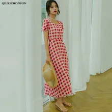 Robe Vintage Square Neck Puff Sleeve High Waist Slim A-Line Dress Women French Style Ladies Print Plaid Long Chiffon Dresses Robe Vintage Square Neck Puff Sleeve High Waist Slim A-Line Dress Women French Style Ladies Print Plaid Long Chiffon Dresses