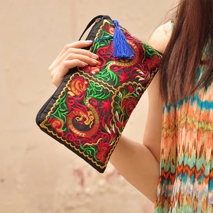 Студент кошелек Для женщин Лидер продаж национальной Для женщин мешочек, вышитый кошелек сцепления Длинный цветы кошелек женский сумки