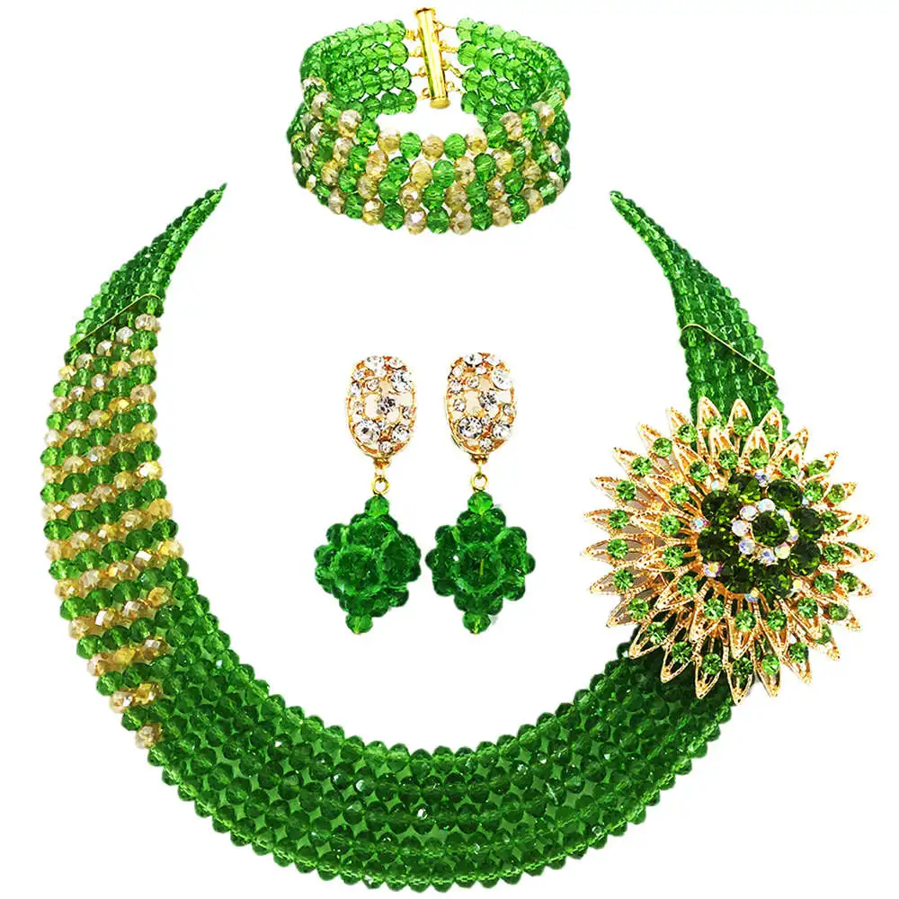 Темно-фиолетовый сиреневый нигерийский Свадебный Африканский бисер ювелирный набор ожерелье, украшенное кристаллами наборы свадебных ювелирных изделий 5RJZ06 - Окраска металла: Green Gold AB