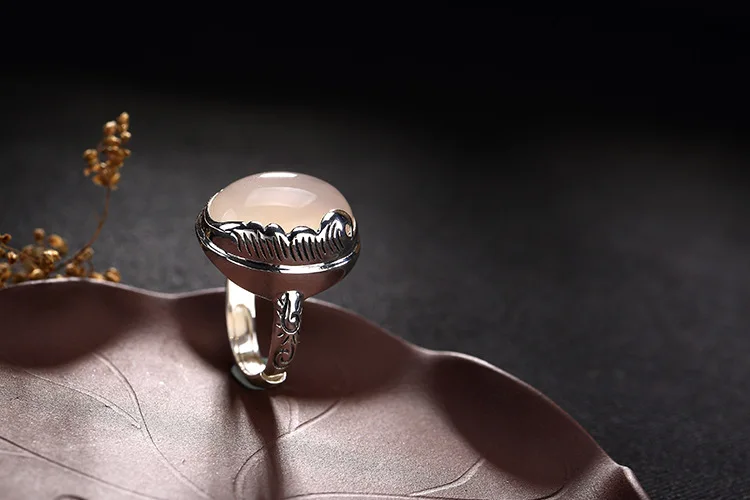 Uglyless Настоящее 925 пробы серебро натуральный халцедон открытие платье кольца для женщин ручной работы в стиле ретро выгравировать перо