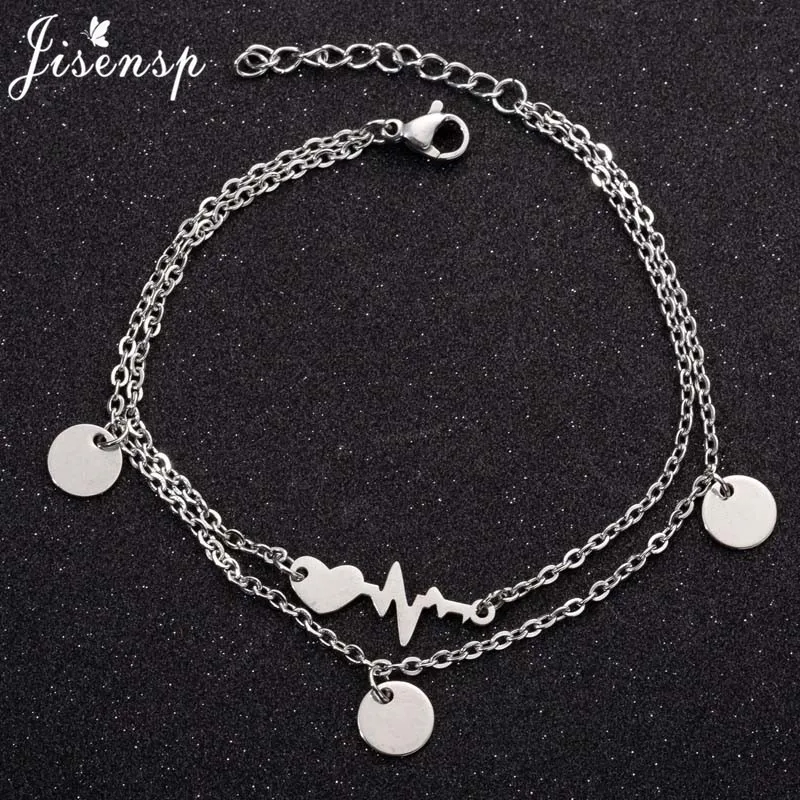 

Jisensp Stainless Steel Heartbeat Cardiogram Bracelet Women Multilayer Simple Round Heart Bracelets Bangle Special Gift for Girl