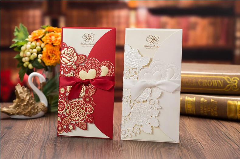 

High Quality Wedding Invitation Card With Ribbon 113*215 mm White And Red Flower Card Including Inside Paper , Envelope And Seal