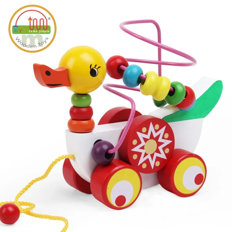 

Wooden blocks children's animal ducklings trailer beads bead pull line puzzle enlightenment toys