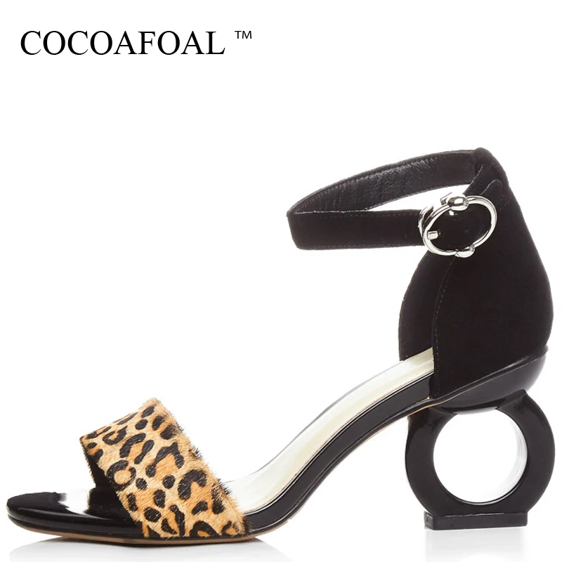 

COCOAFOAL Women Leopard Print Sandals Fashion Genuine Leather Wedding Heel Height Shoes Black Sexy Sheepskin Horsehair Sandals