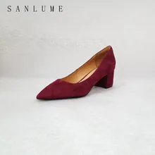 SANLUME NEW Autumn Wine Suede Block Chunky Pumps Women Office Shoes Woman High Heels Career Genuine leather Slip On Pointed Toe SANLUME NEW Autumn Wine Suede Block Chunky Pumps Women Office Shoes Woman High Heels Career Genuine leather Slip On Pointed Toe