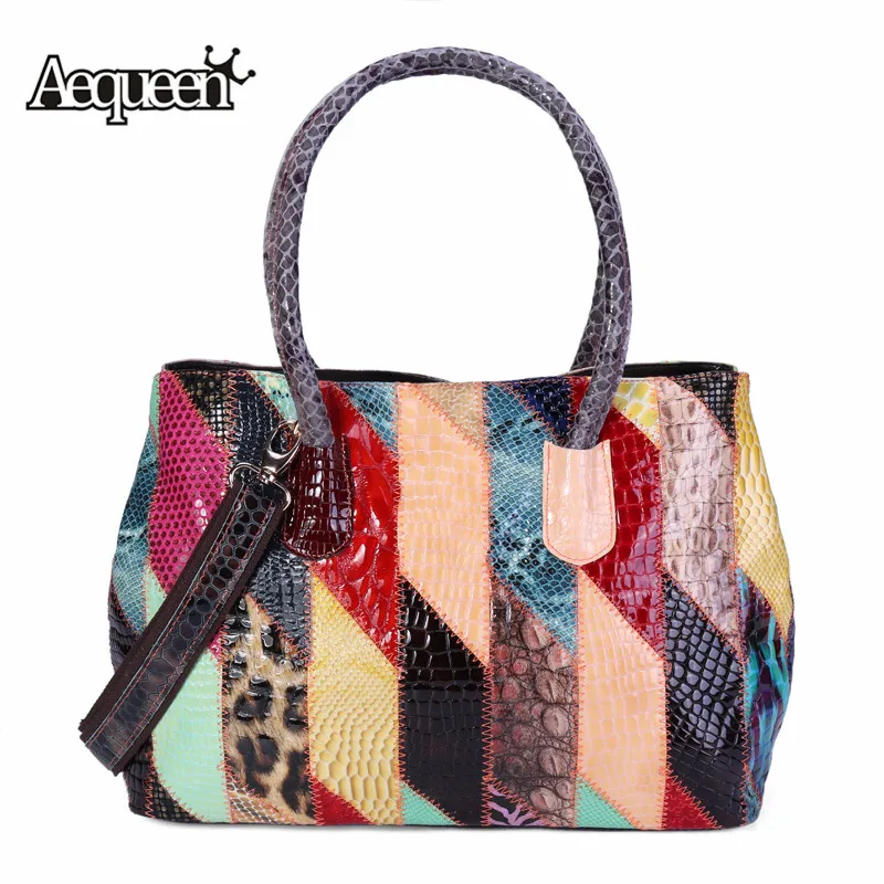 

AEQUEEN Bright Color Shoulder Bag Striped Messenger Bag For Women Genuine Leather Handbags Patchwork Ladies Totes Fashion Bolsas