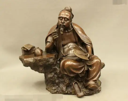 

S00935 12 Folk Chinese Pure Bronze Sit Stone Ease Old Man Drink Tea Hold Fan Art Statue B0403