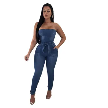 

Women Sexy Strapless Jeans Jumpsuits with Bow Tie Belt High Stretchy Bodycon Rompers 2019 Summer Overalls Club Wear