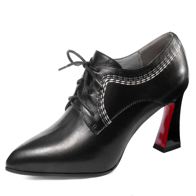 

High-grade brand top layer cowhide deep mouth women's single shoes Europe America waterproof platform leather high heels women
