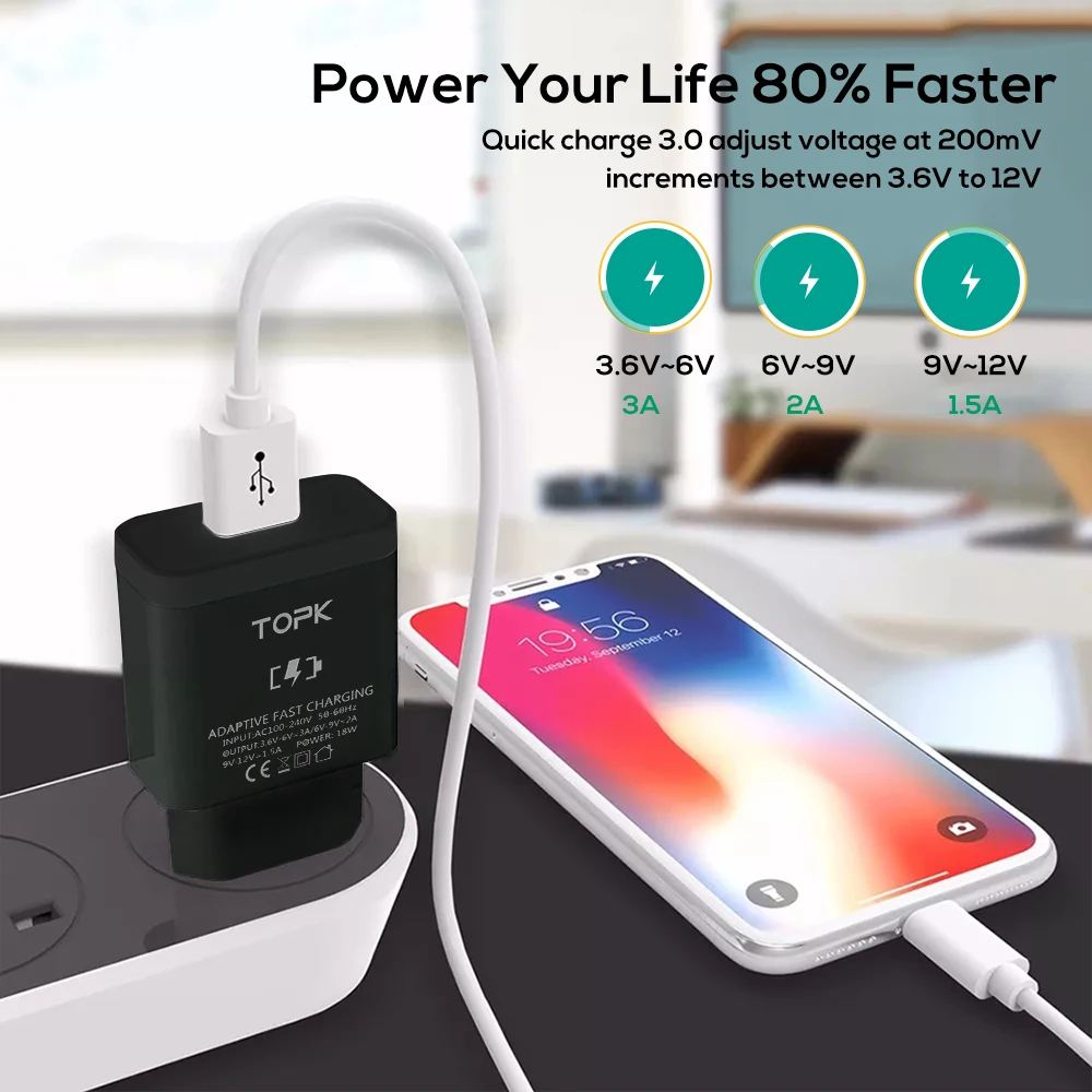 TOPK شاحن يو اس بي 18 W سريعة تهمة 3.0 سريع شاحن الاتحاد الأوروبي التوصيل الجدار محول السفر ل سامسونج Xiaomi هواوي LG الهاتف المحمول شاحن