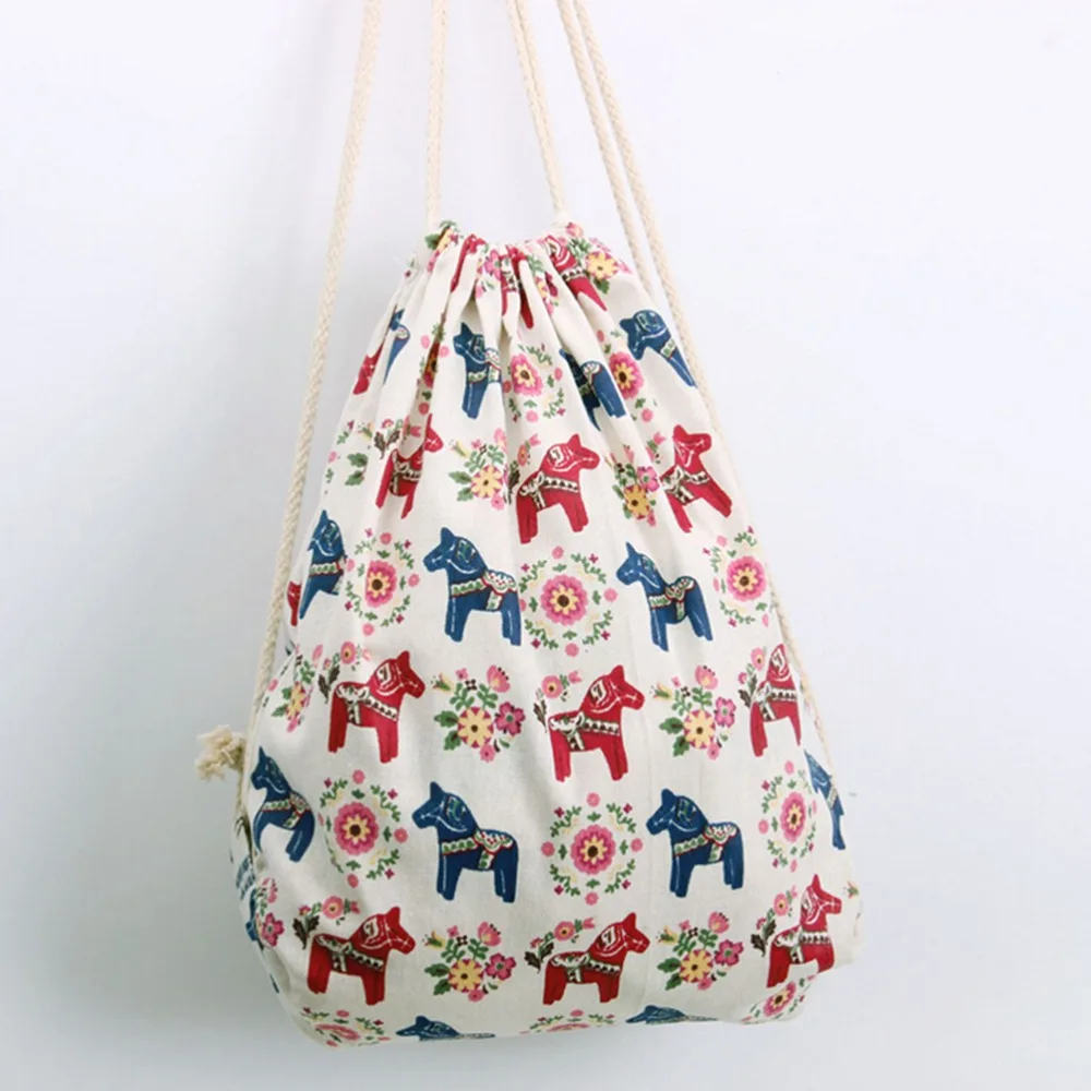 1PCS Cotton&Linen Cartoon Printing Sackpack Women Beach Bag Summer Fresh Mini Casual Bag Soft Girls Drawstring Backpack