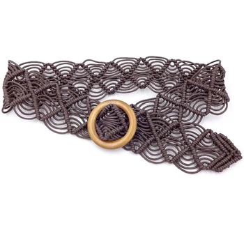 

Boho Style Women Wax Rope Knitted Belt 100cm Harajuku Round Wooden Buckle Handmade Braided Waistband Hollow Out Dress Jeans Belt