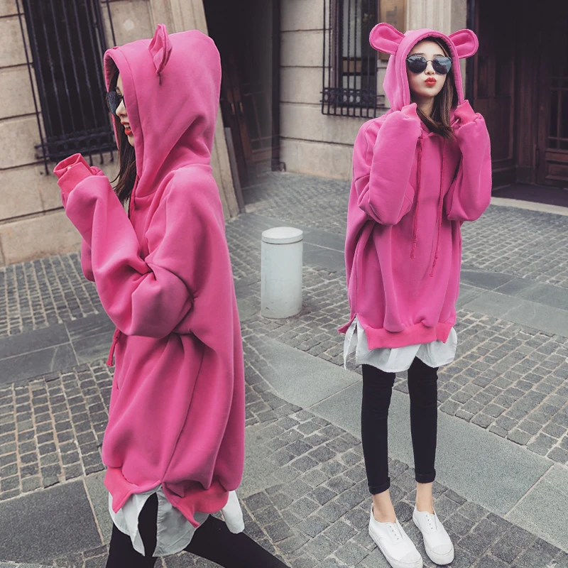 

Harajuku Fashion Mid-long Women Hoodies Lazy Style Cute Hooded Fare Two Piece Student Sweatshirt Chic Solid Women Pullovers