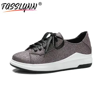 

TASSLYNN 2019 Sequins PU Women Pumps Platform Shoes Lace Up Med Heels Round Toe White Shoes Out Door Casual Shoes Size 35-43