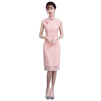 

Shanghai Story Chinese Oriental Dress Short Sleeve jacquard Qipao dress Knee Length Lace Dragonfly Cheongsam