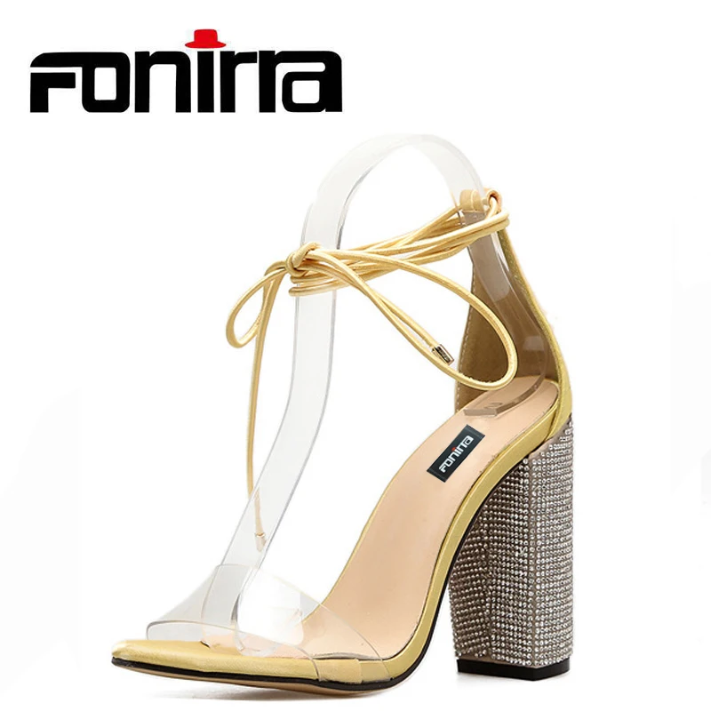 

2018 Summer Shoes Woman Sandals Ankle Strap High Heel Transparent Ladies Shoes Sexy Rhinestone Bling Women Sandals FONIRRA 874