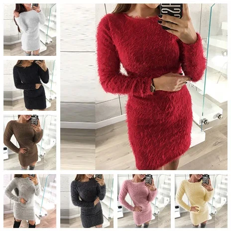 Women Sexy Mini Knitted Dress Fashion Winter Long Sleeve Sweater Dress Party Night Bodycon Dress For Female