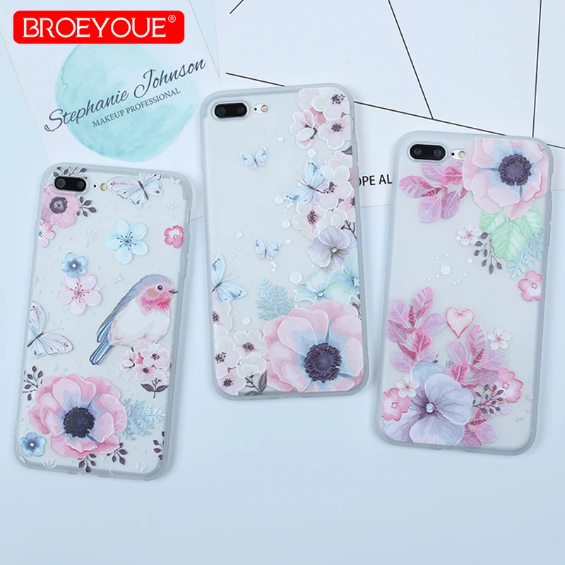 BROEYOUE For iPhone 7 Plus Case 3D Relief Soft TPU Floral Silicone 8Plus X 6 6s 6Plus 6sPlus 5 5S SE Phone Cases |