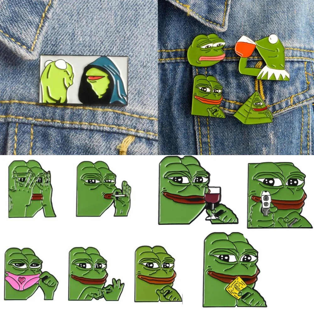 

11 Styles Pepe the Frog Meme Enamel Pin Shoot Pyramid Thinking Drinking Funny Animals Brooches Badge Jewelry Gifts for Friends W