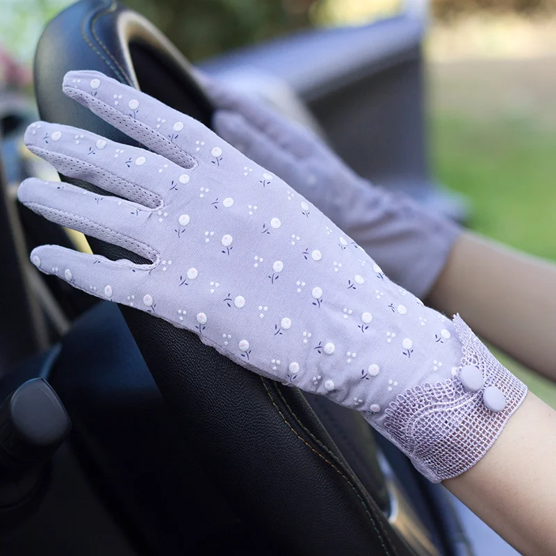Летние солнцезащитные перчатки для женщин и девочек из пеноматериала с цветочным кружевом, варежки из модала и хлопка для вождения, нескользящие перчатки для сенсорного экрана, B-8365 - Цвет: Фиолетовый