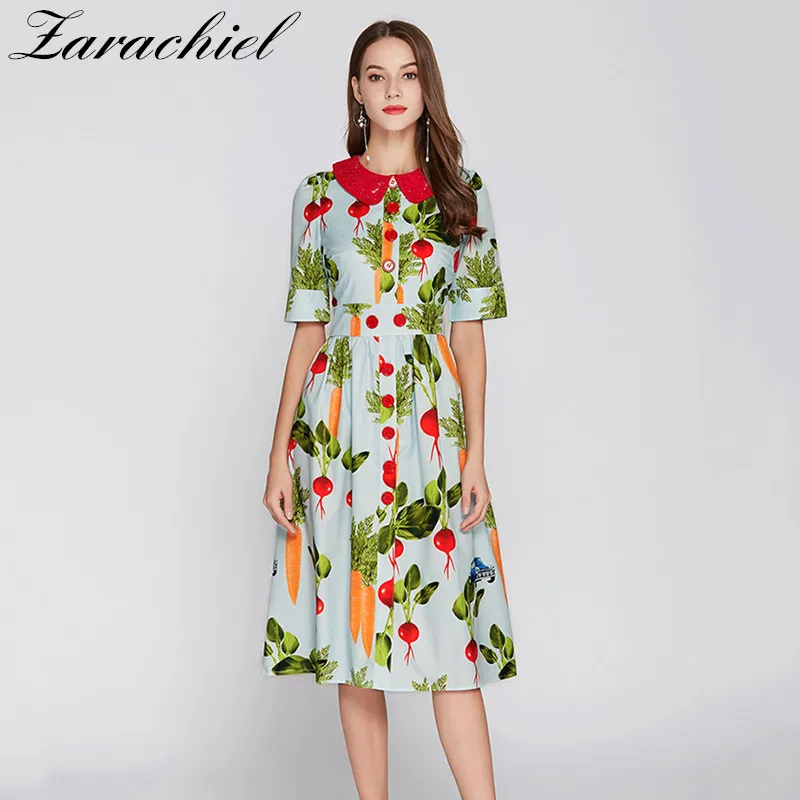 

Runway Designer Vegetable Printing Dress 2019 Summer Women Eleagnt Lace Patchwork Peter Pan Collar Red Button Cute Midi Dress