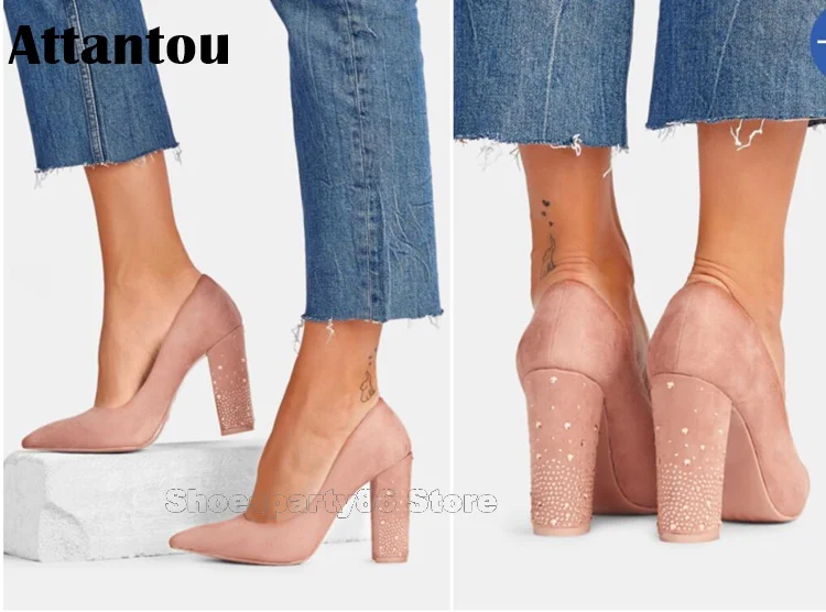 Fashion Pointed Toe Office Lady Crystal Chunky High Heel Dress Shoes Women Suede Leather Block Heeled Concise Pumps Pink Red цена Fashion Pointed Toe Office Lady Crystal Chunky High Heel Dress Shoes Women Suede Leather Block Heeled Concise Pumps Pink Red цены онлайн