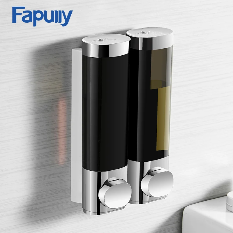 Günstige Fapully Flüssigkeit Seife Dispenser Doppel 250ML Schwarz Chrom Wand Montiert Runde Bad Zubehör Lotion Pumpe Spender Flasche