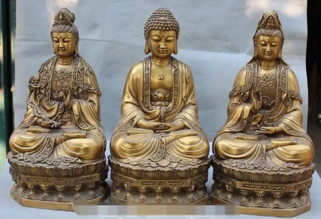 

S3263 19" Tibet Buddhism Bronze Shakymuni Amitabha Buddha Kwan-Yin Guan Yin Statue Set