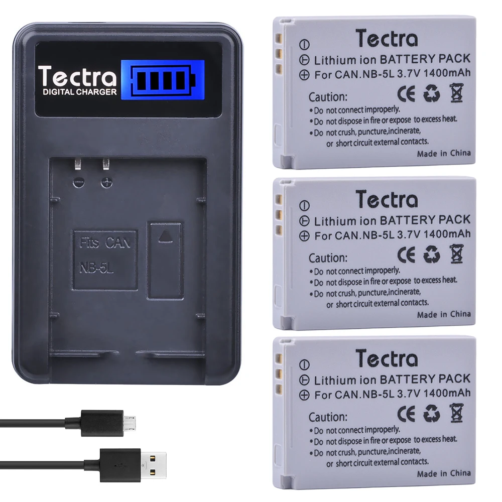 Аккумулятор и зарядное устройство Tectra USB для Canon S110 SX200 SX210 SX220 SX230 ISHS IXUS 850 870 800 860 990 SD 950 970, 3 шт.