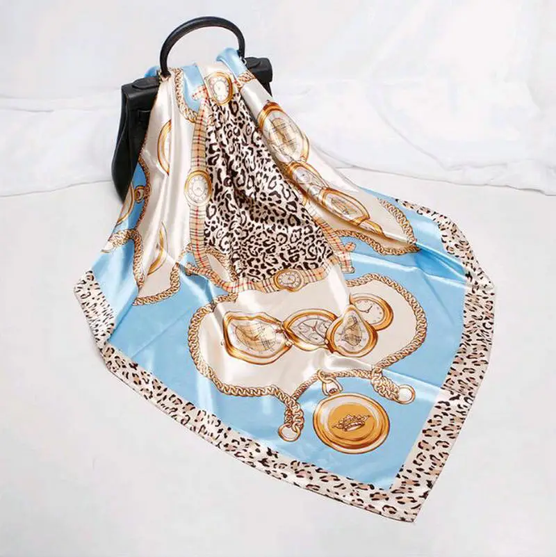 

New Simulation Silk Scarf Female 90x90cm Satin Leopard Pattern Lake Blue Large Square Head Neck Scarves For Women Party Wraps
