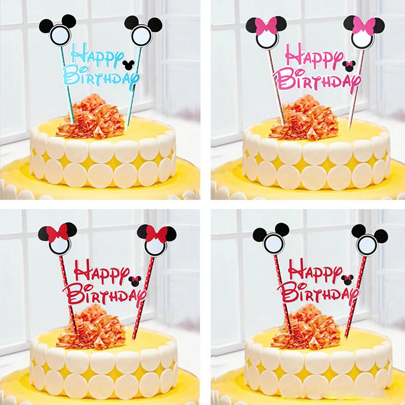 1 Pcs Mickey Mouse Theme Joyeux Anniversaire Drapeau Avec Papier De Paille Petit Gateau Gateau Topper Gateau D Anniversaire Accessoires Articles De Fete Aliexpress