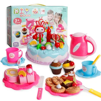 

38-86Pcs DIY Pretend Play Fruit Cutting Birthday Cake Kitchen Food Toys Cocina De Juguete Toy Pink Blue Girls Gift for Children