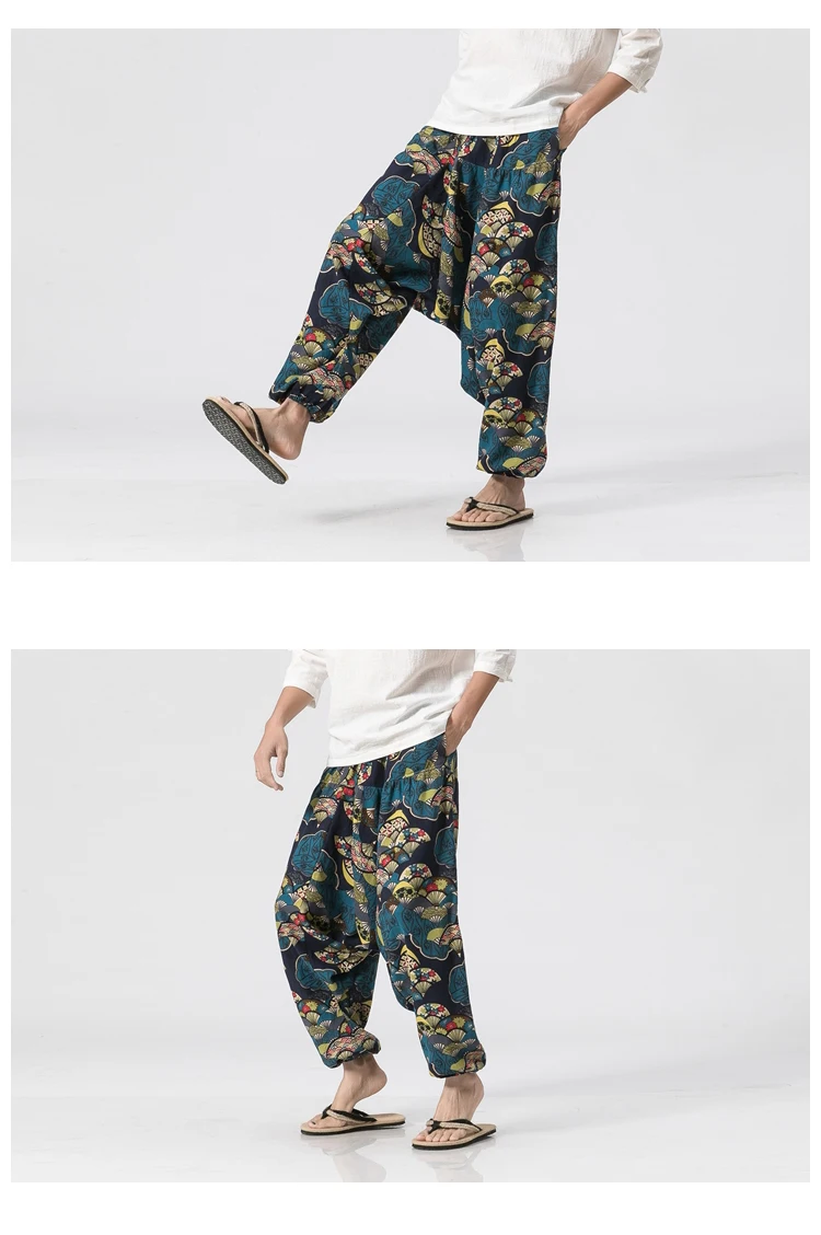 Китайские традиционные широкие брюки летние плюс размер свободное льняное хлопковое Висячие шаровары с принтом уличная национальная