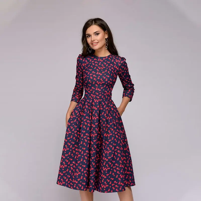 

Autumn Printing Dress 2018 Women Elegant A-Line Dress Three Quarter Sleeve Knee-Length O-Neck Office Dress Vestidos