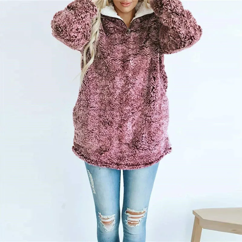 Women Sherpa Pullover Winter Fleece Fluffy Sweater Zipper Turtleneck Pullovers Female Casual Coat Pull Sweaters Women Sherpa Pullover Winter Fleece Fluffy Sweater Zipper Turtleneck Pullovers Female Casual Coat Pull Sweaters