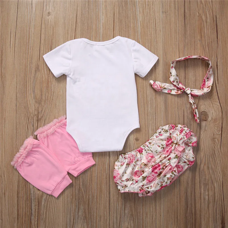 Коллекция года, одежда для маленьких девочек топы с короткими рукавами, комбинезон с цветным узором, штаны Одежда для младенцев комплект из 4 предметов, комплекты одежды для новорожденных девочек