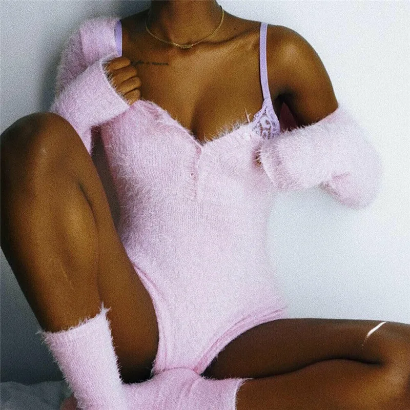 

Knitted Women's Slim Jumpsuit New Sexy V-neck Pure Color Long Sleeves Arctic Velvet Romper Female Autumn Winter Leotard Playsuit