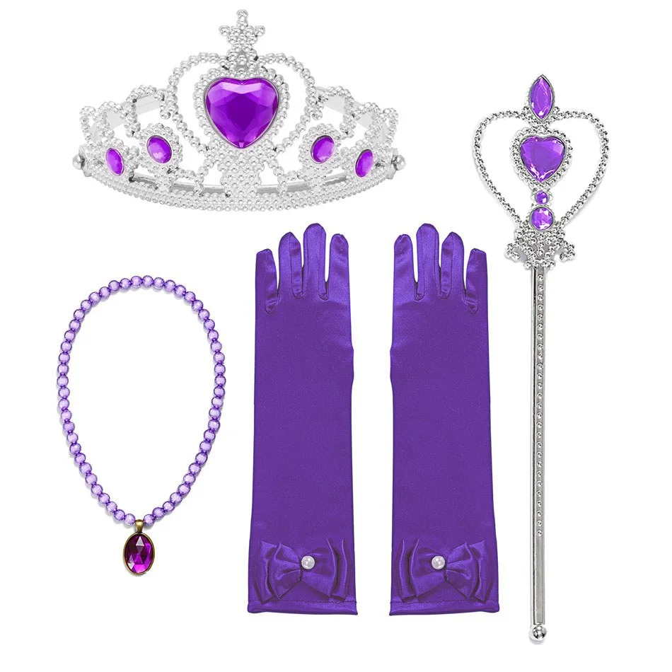 VOGUEON Girls Belle Sofia Elsa Aurora Princess Accessories Magic Wand Crown Necklace Gloves Rings Earrings Set Children Dress UP - Цвет: Purple 5 Pcs