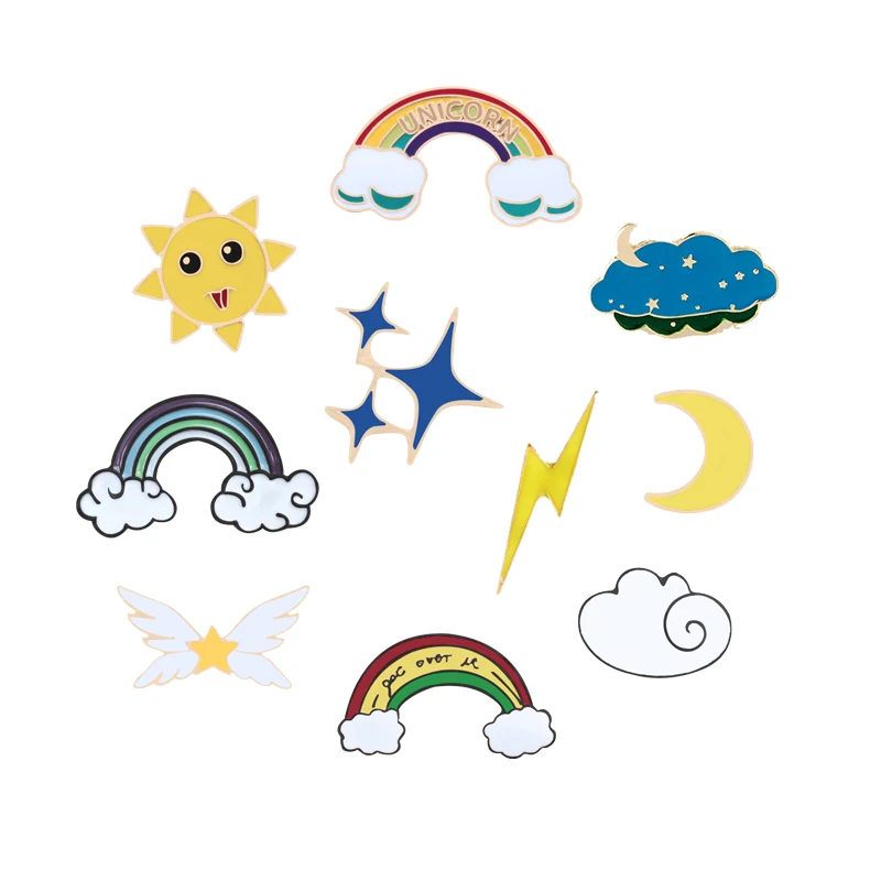 

Rainbow Enamel Pins Clouds Lightning Sun Stars Moon Brooches Collection Women Fashion Lapel Pins Metal Badge Kids Shirt Jewelry