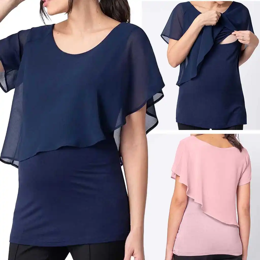 Women Maternity Solid Short Sleeve Nursing Breastfeeding T-shirt Pregnanty Tops