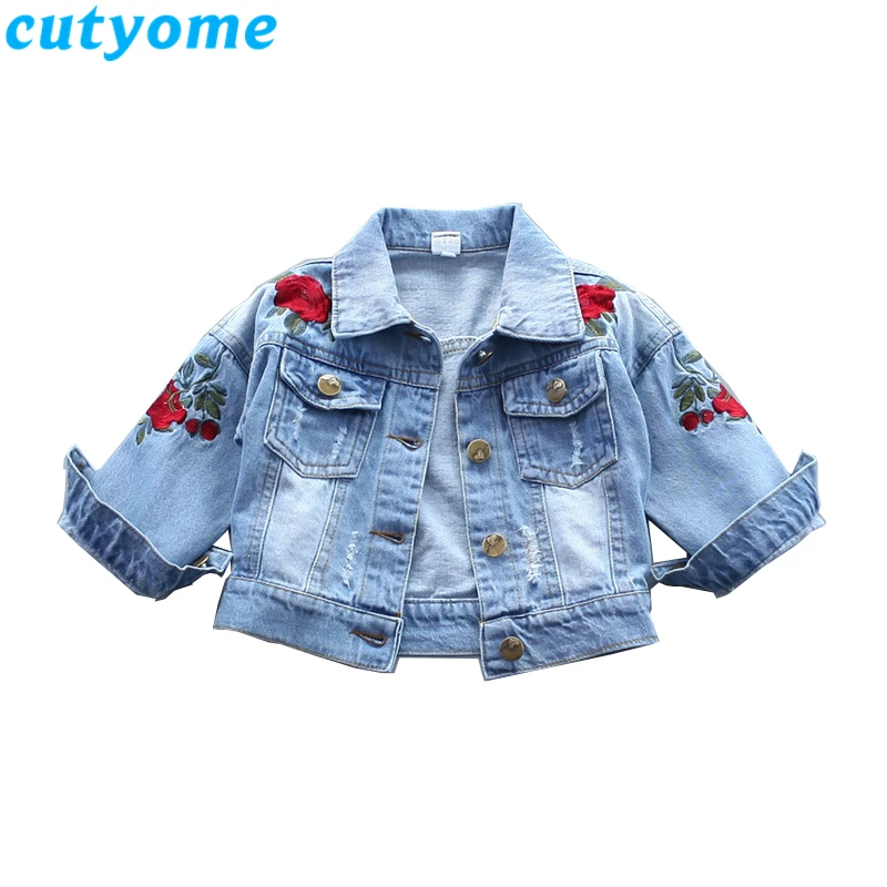 Cutyome весенние детские джинсы куртка для маленьких девочек мода Роза, вышивка Цветочная бомбер Блейзер Осень малышей детские джинсовые пальт
