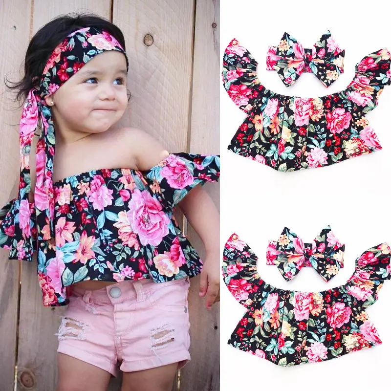 Summer Kids Baby Girls Off Shoulder Floral T Shirts Tops+Bowknot Headband 2PCS Outfits Cute Baby