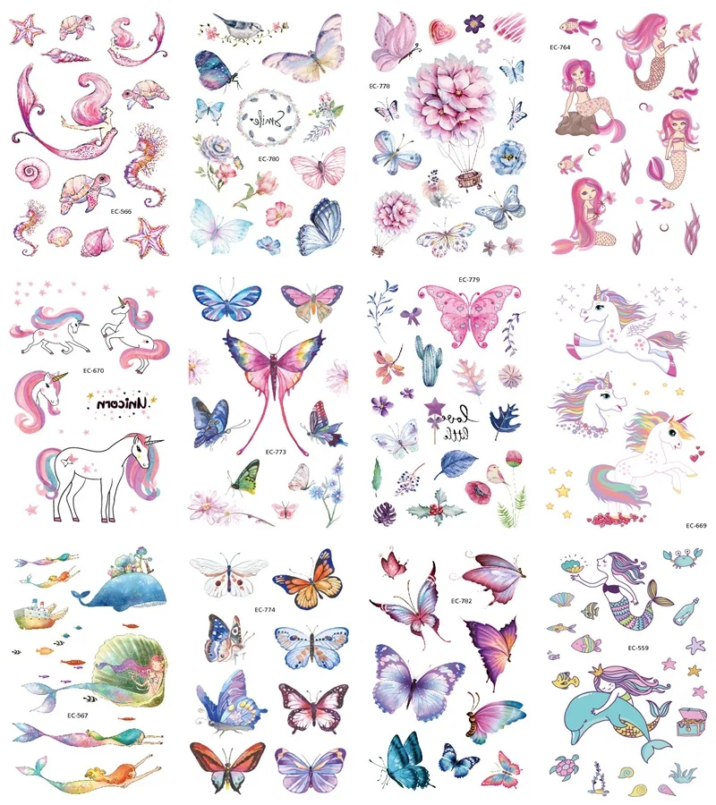 

12 Sheets Flower Mermaid Unicorn Dinosaur Temporary Tattoo Sticker For Kid Children Fake Joker Tattoo kids Tattoo Sticker Tatoo