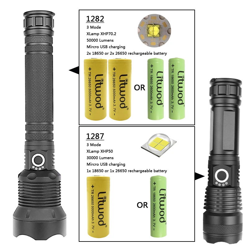 Litwod Z90+ 1282 50000lm Мощный тактический светодиодный фонарь, светильник CREE XHP70.2 18650 26650, фонарь с перезаряжаемой батареей