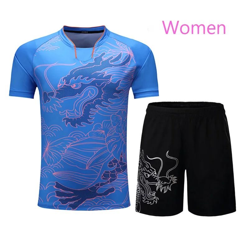 Спортивный костюм Джерси дышащая рубашка для бадминтона Униформа Женская/Мужская одежда для настольного тенниса командные игры футболки с коротким рукавом и шорты - Цвет: women blue set