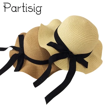 Sombrero de paja para niña y niño, gorra de paja ondulada decorada con cinta negra, Sombrero de Panamá, gorro de Sol para niño, sombreros de playa para bebé 1