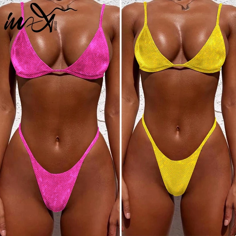 

In-X Sexy silver bikini 2019 High cut swimsuit female Triangle bikini set Push up swimwear women biquinis Neon bathing suit new