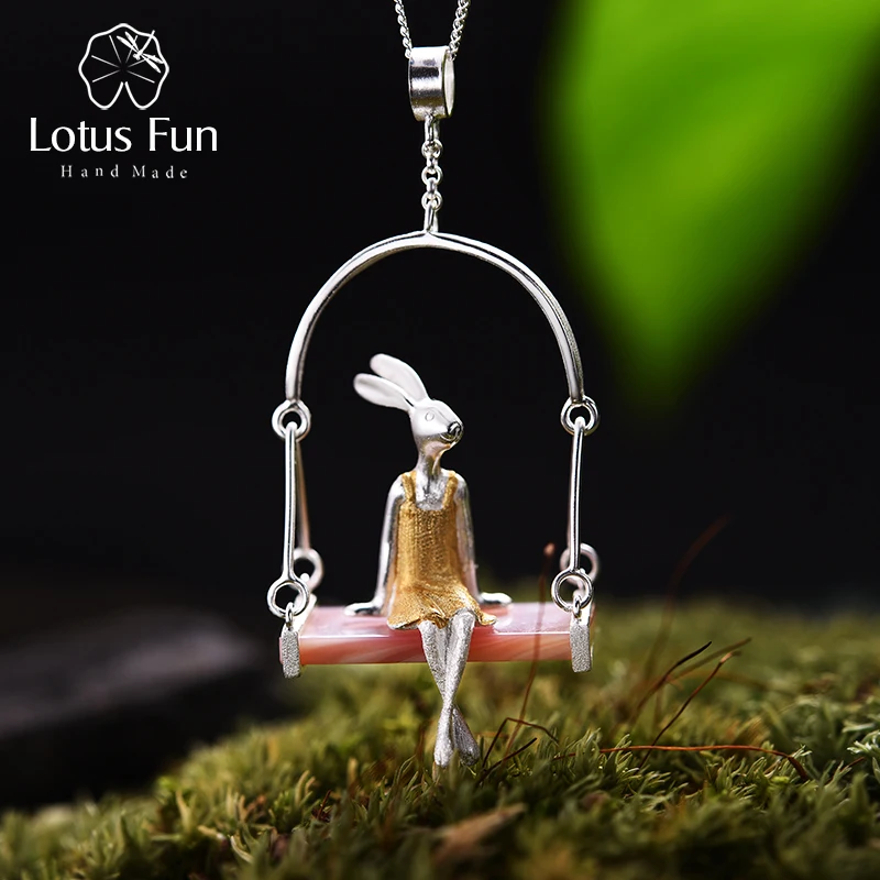 

Lotus Fun Real 925 Sterling Silver Natural Mother of Pearl Handmade Fine Jewelry Miss Rabbit Pendant without Chain Acessorios