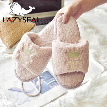 

LazySeal Winter Indoor Slippers Women Shoes Shearling Female Slides Fur Slippers Crown Embroider Female Warm Shoes Woman