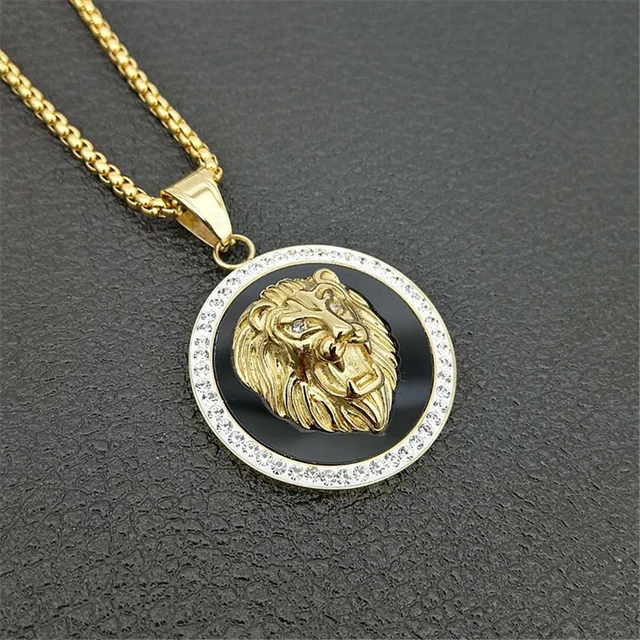 Hip Hop Charm Iced Out Bling Golden Lion Head Pendants Necklaces
